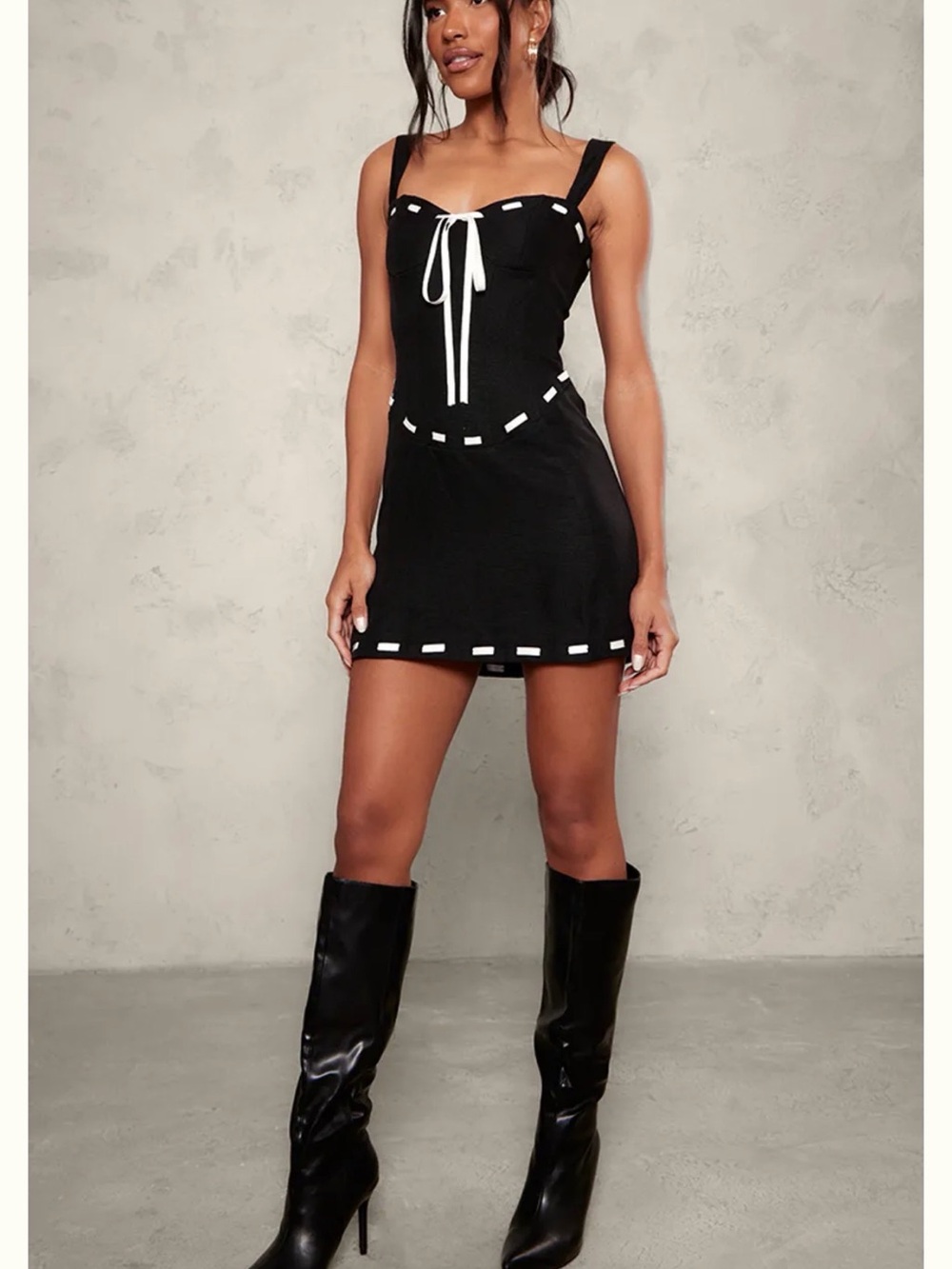 PrettyLittleThing Black Mini Dress with White Trim and Bow